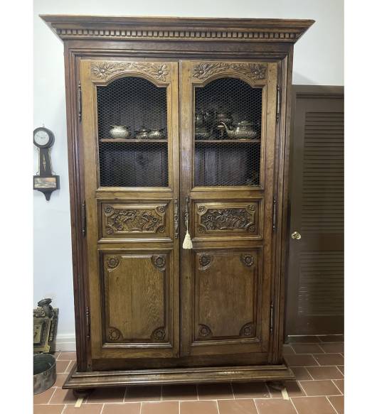 French Provincial Oak Cupboard with Wire Doors