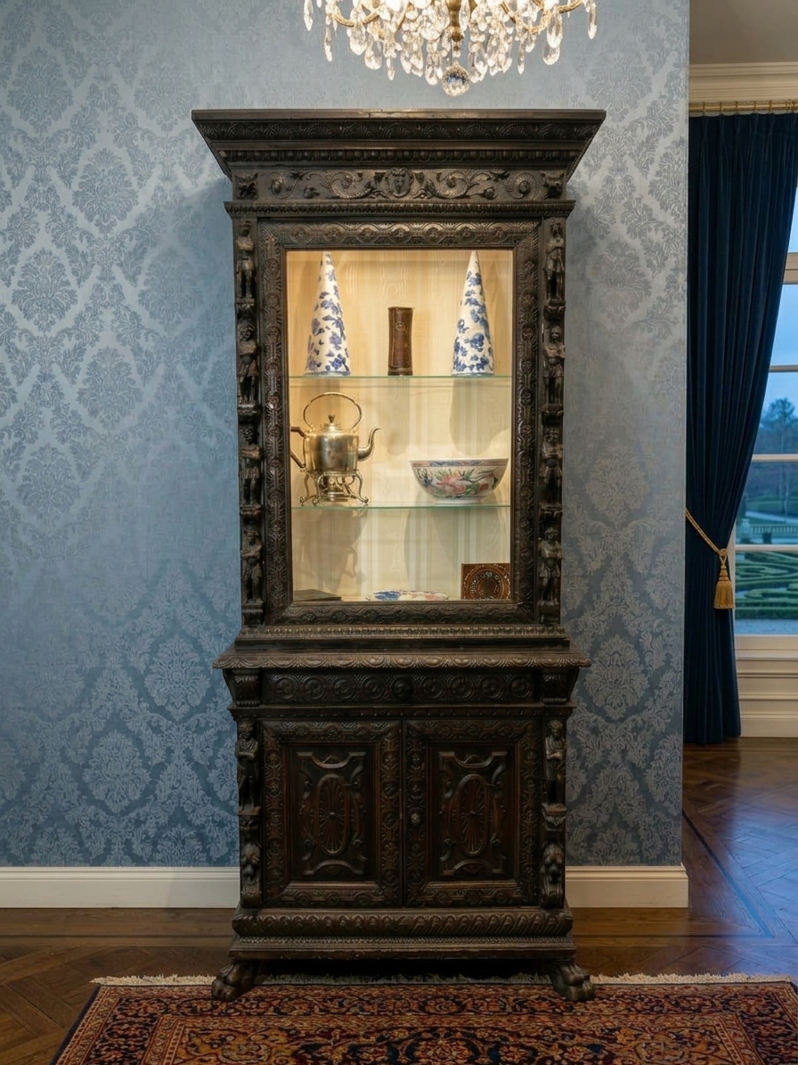 Carved Gothic Dark Pine Vitrine - Image 4