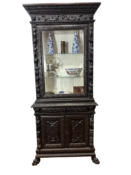 Carved Gothic Dark Pine Vitrine