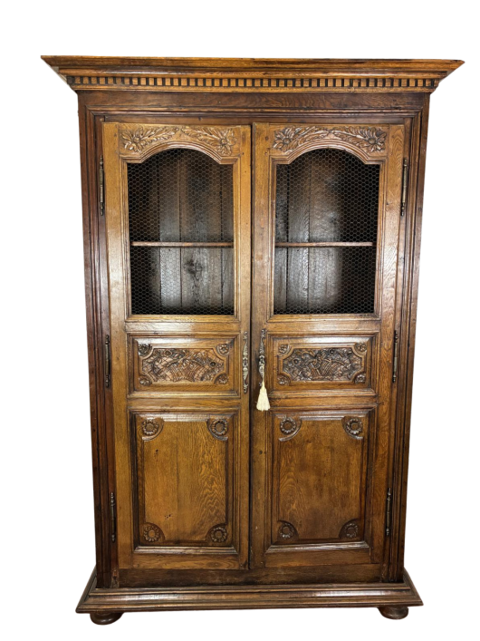French Provincial Oak Cupboard with Wire Doors