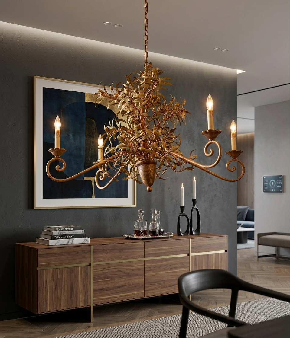 Currey and Co. Tole Metal Gold Gilt Olive and Leaves Chandelier - Image 3