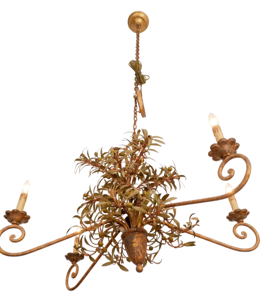 Currey and Co. Tole Metal Gold Gilt Olive and Leaves Chandelier