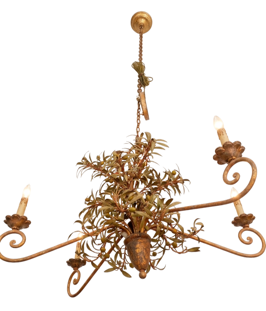 Currey and Co. Tole Metal Gold Gilt Olive and Leaves Chandelier