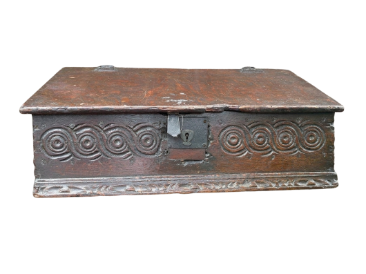 17th-Century English Oak Bible Box with Guilloche Carving