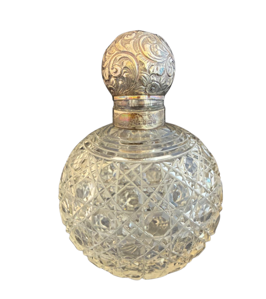 Victorian Cut Crystal Perfume Bottle with Chased Sterling Silver Cap