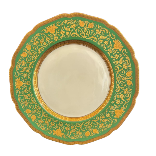 Set of 12 Antique Gilded Emerald Green Porcelain Service Plates (10.5")